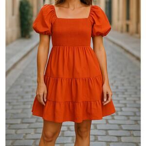 Unbranded Dress with puff sleeves and front smocking Size Small Orange